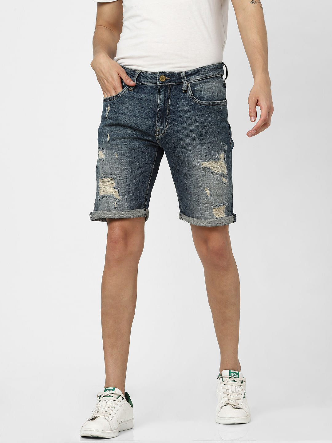 Dark Blue Mid Rise Distressed Denim Shorts