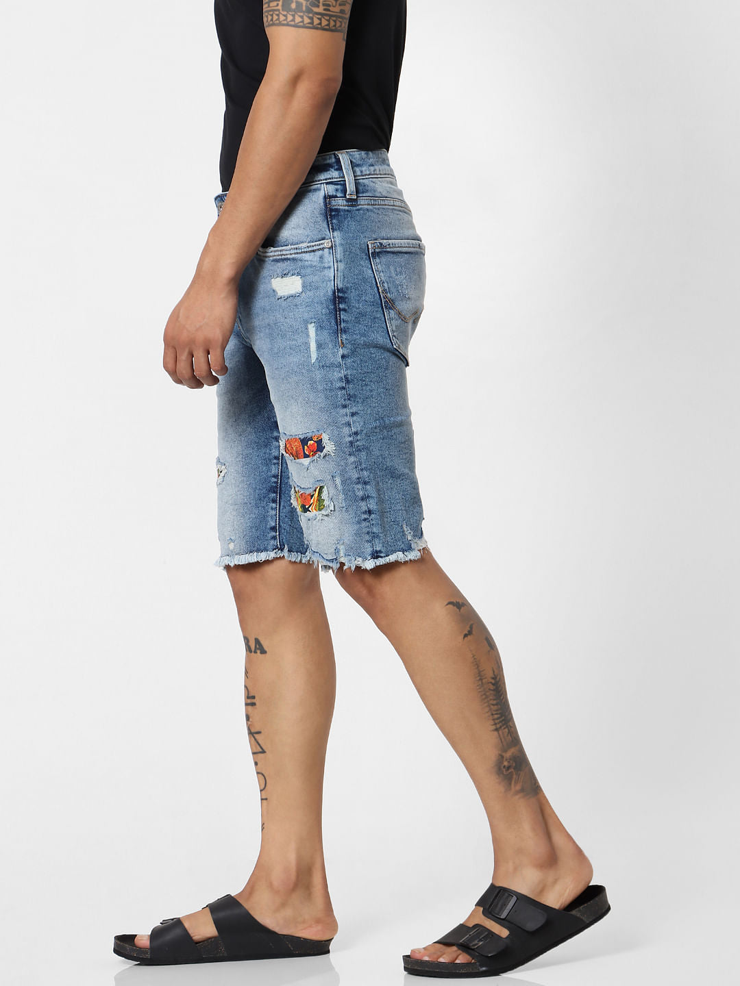 Blue Mid Rise Ripped Denim Shorts
