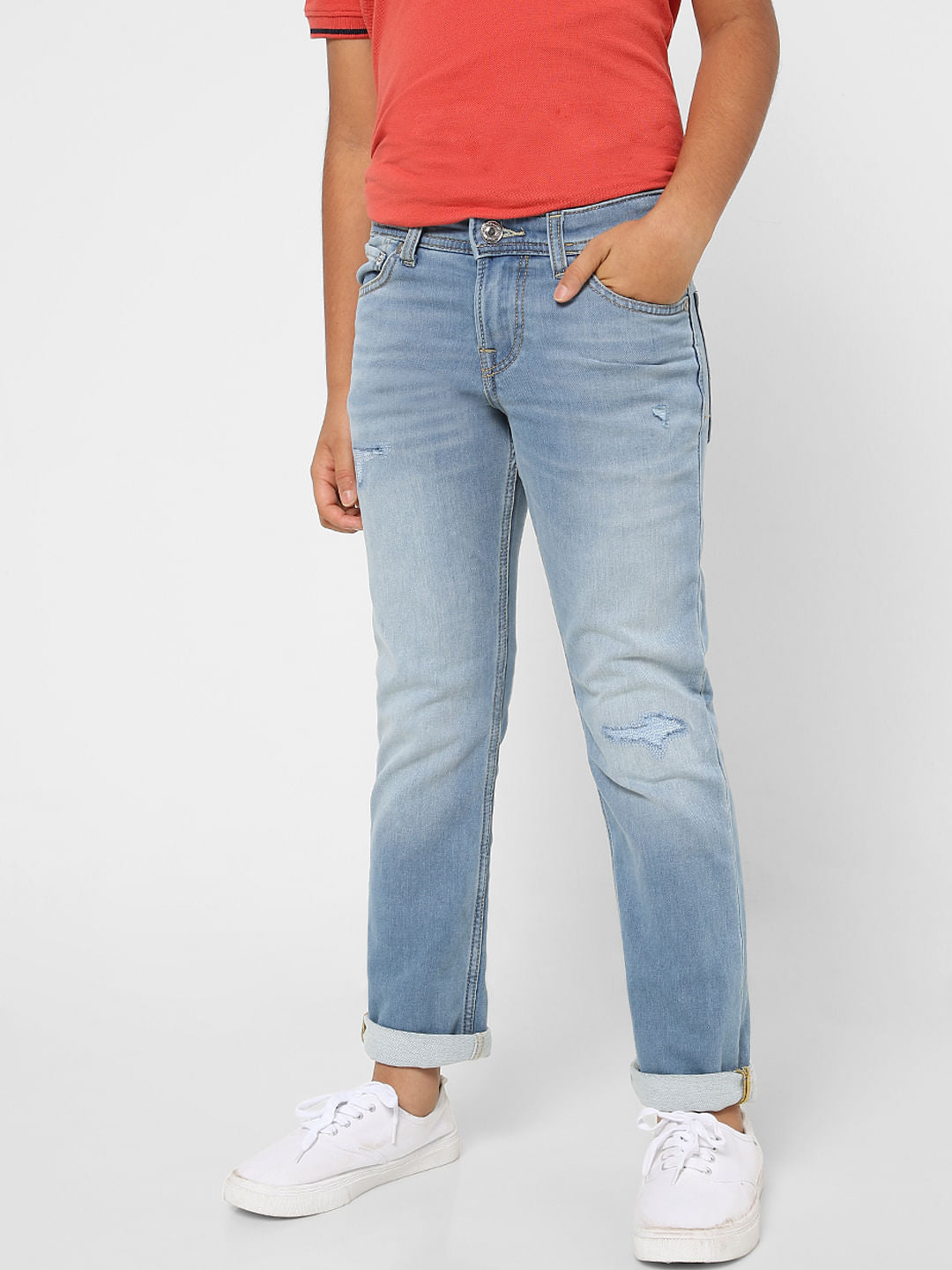 Blue Low Rise Distressed Regular Fit Jeans