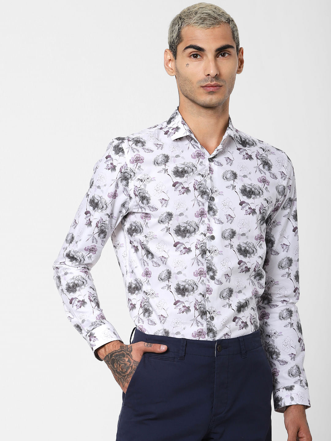 White Floral Print Full Sleeves Shirt