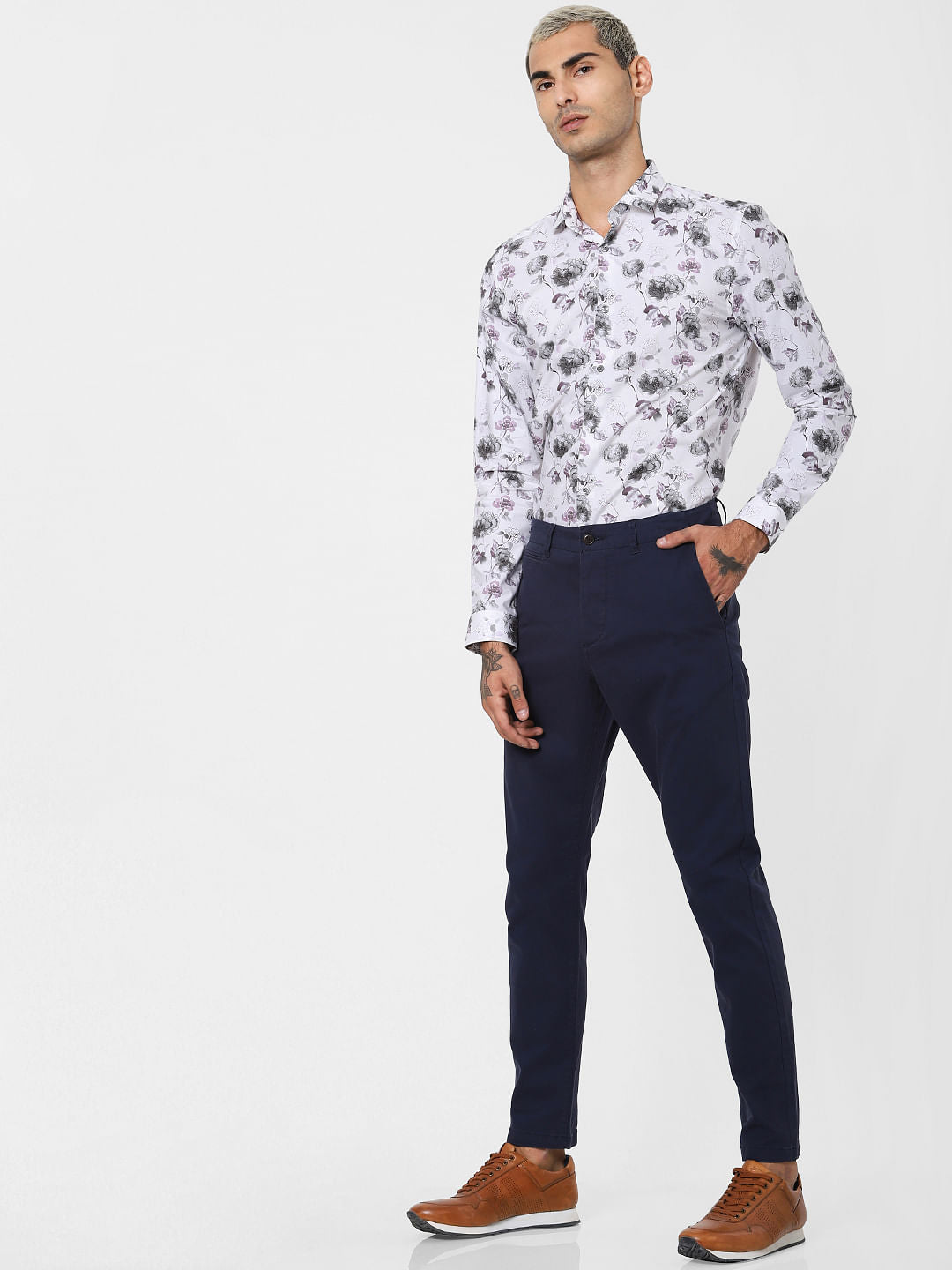 White Floral Print Full Sleeves Shirt
