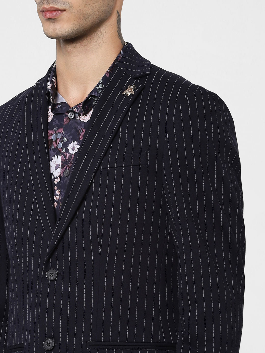 Navy Blue Striped Jacquard Blazer