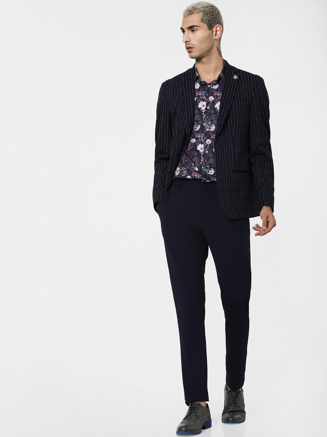 Navy Blue Striped Jacquard Blazer