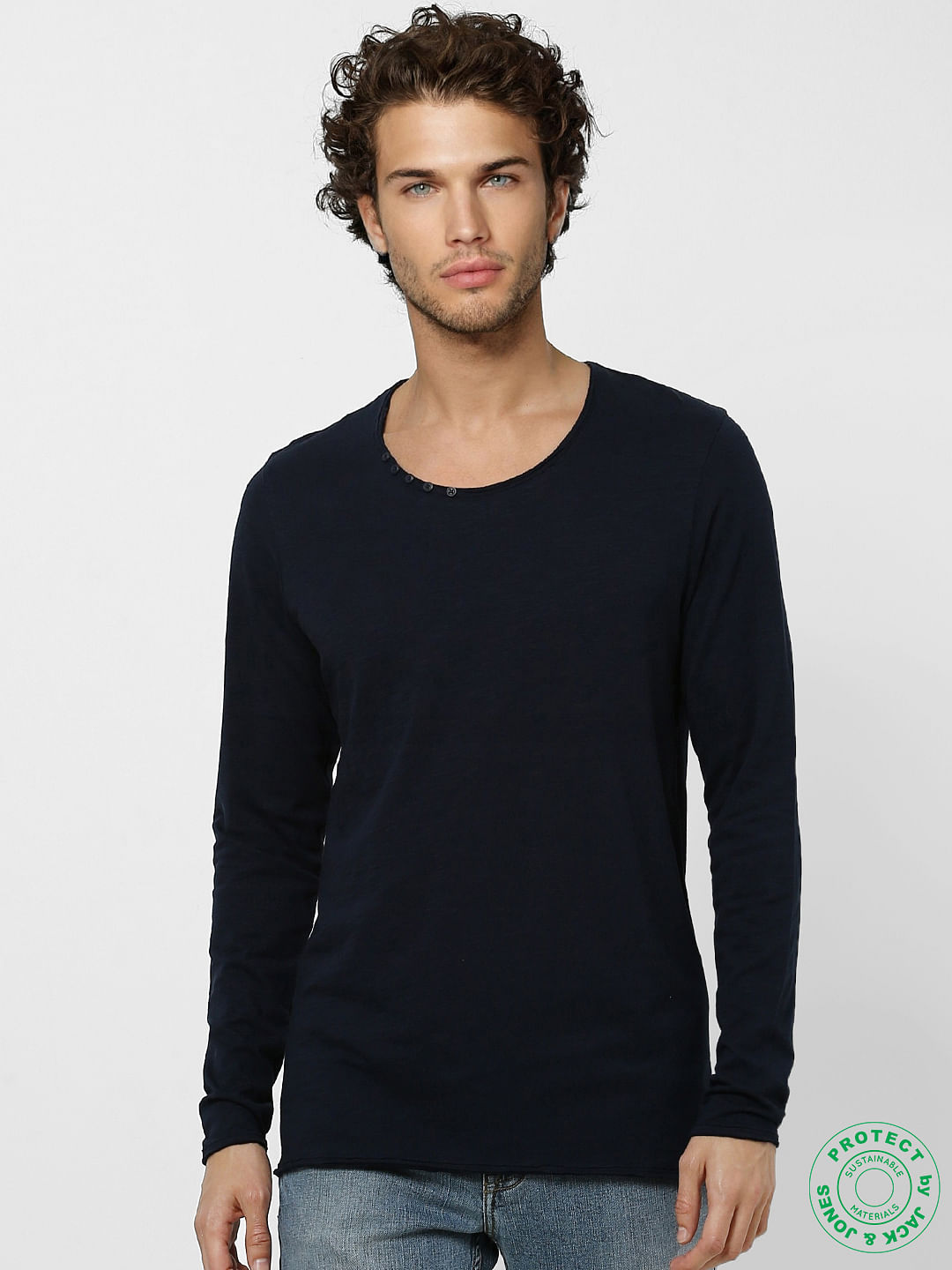 Navy Blue Crew Neck Full Sleeves T-shirt