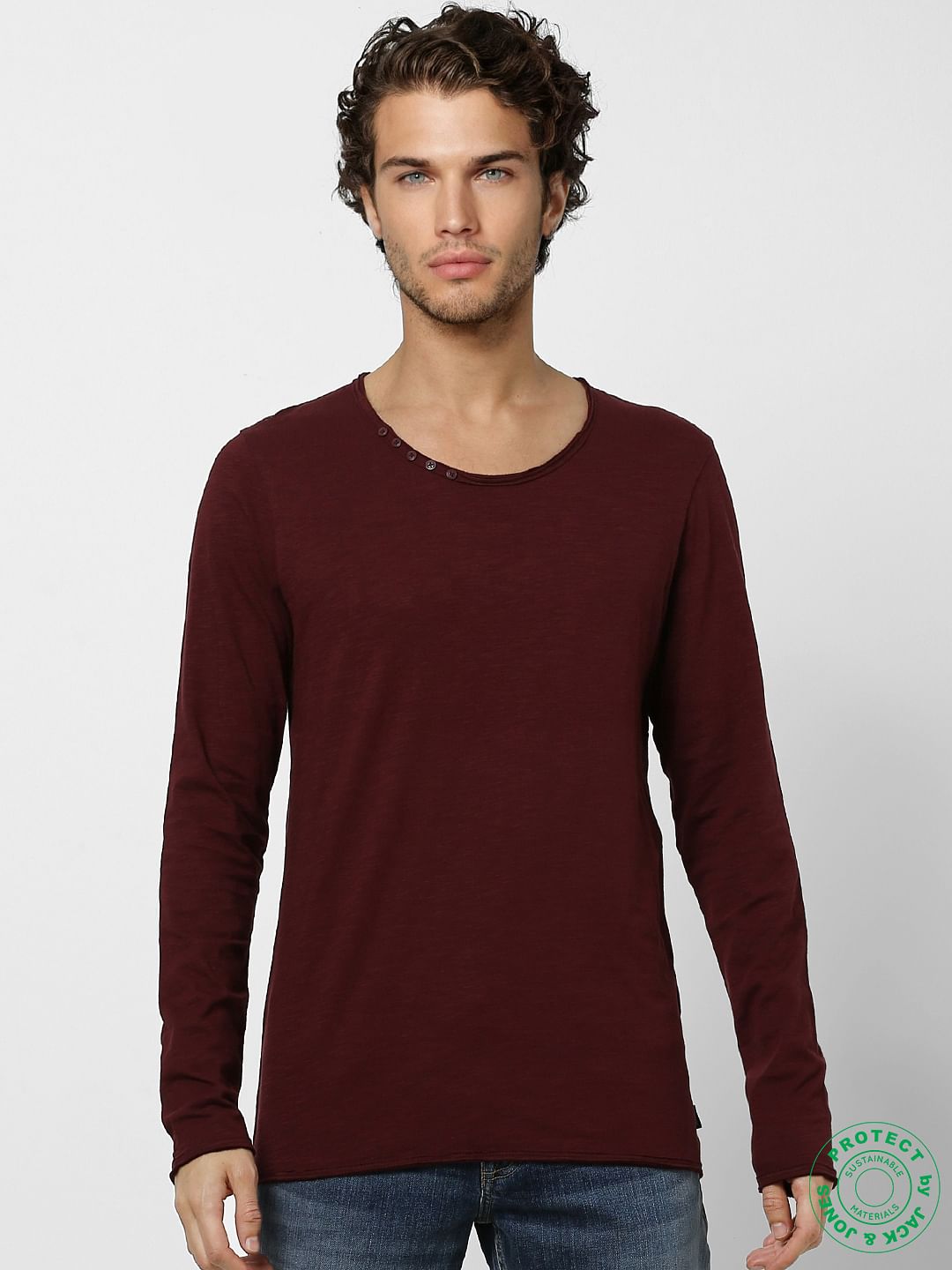 Burgundy Crew Neck Full Sleeves T-shirt