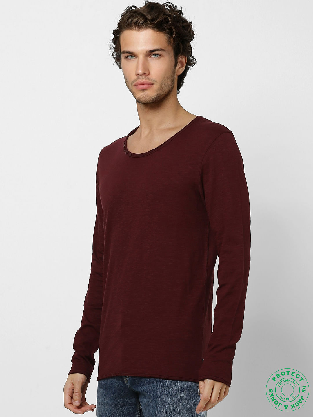 Burgundy Crew Neck Full Sleeves T-shirt