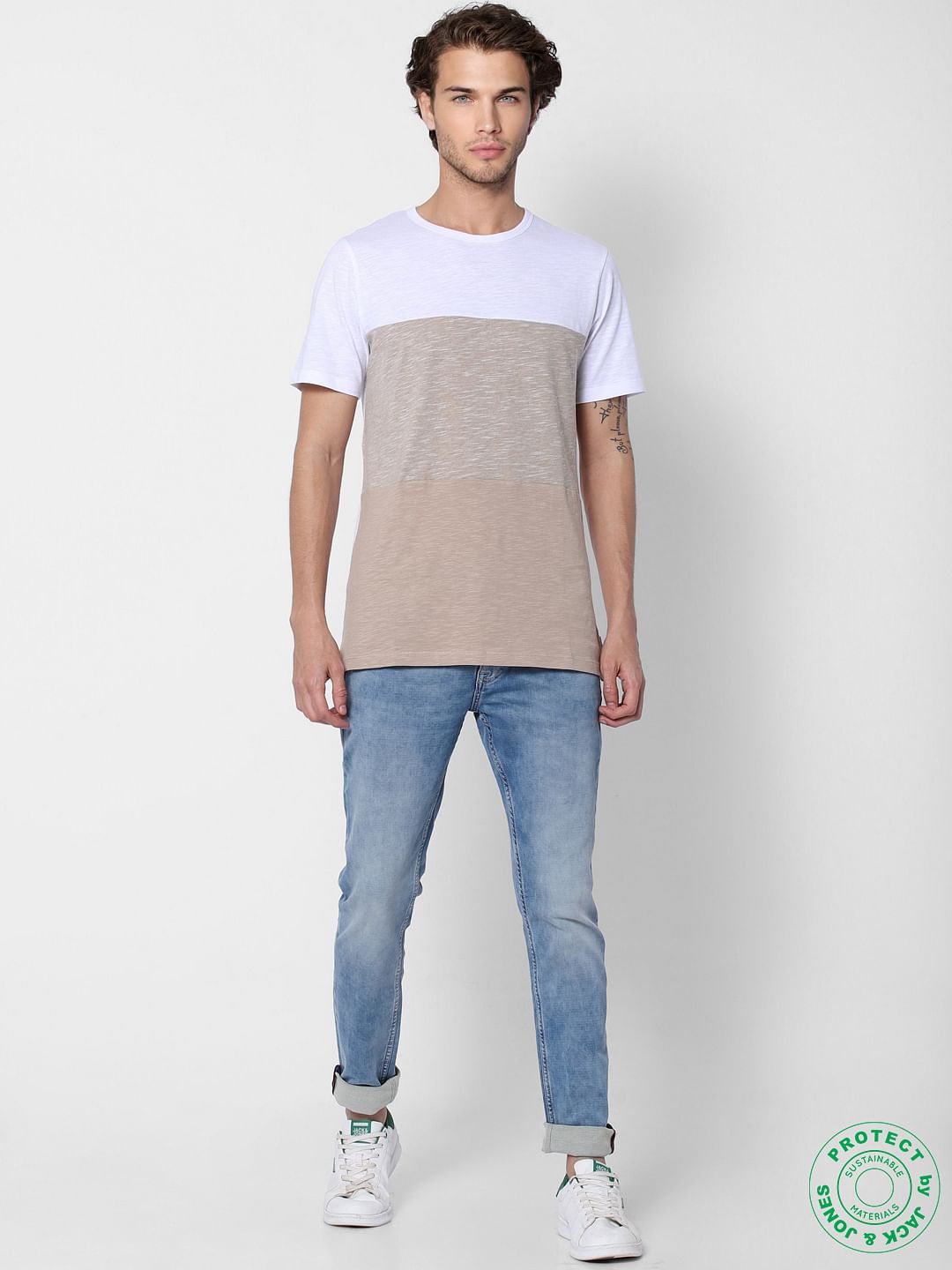 Beige Colourblocked Crew Neck T-shirt
