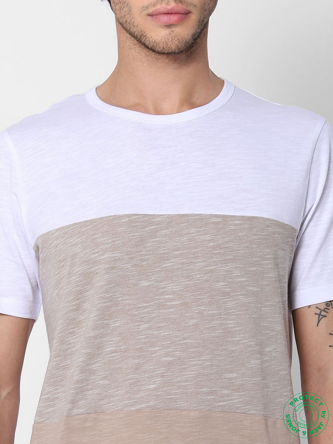 Beige Colourblocked Crew Neck T-shirt