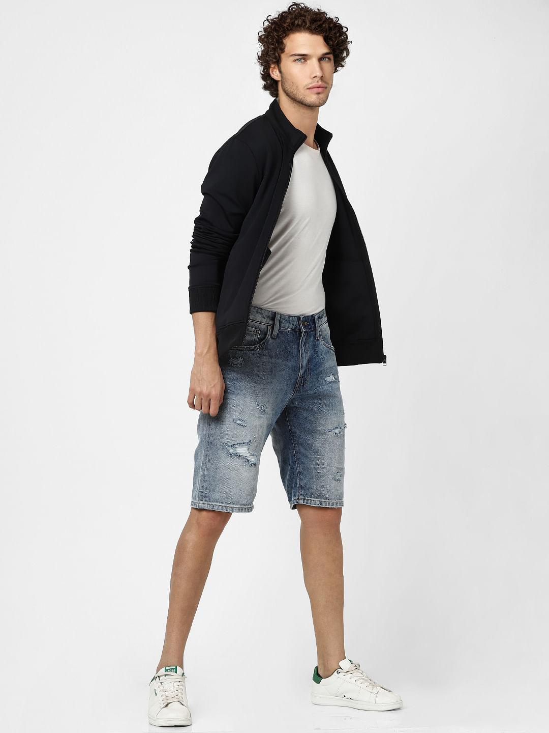 Blue Mid Rise Distressed Denim Shorts