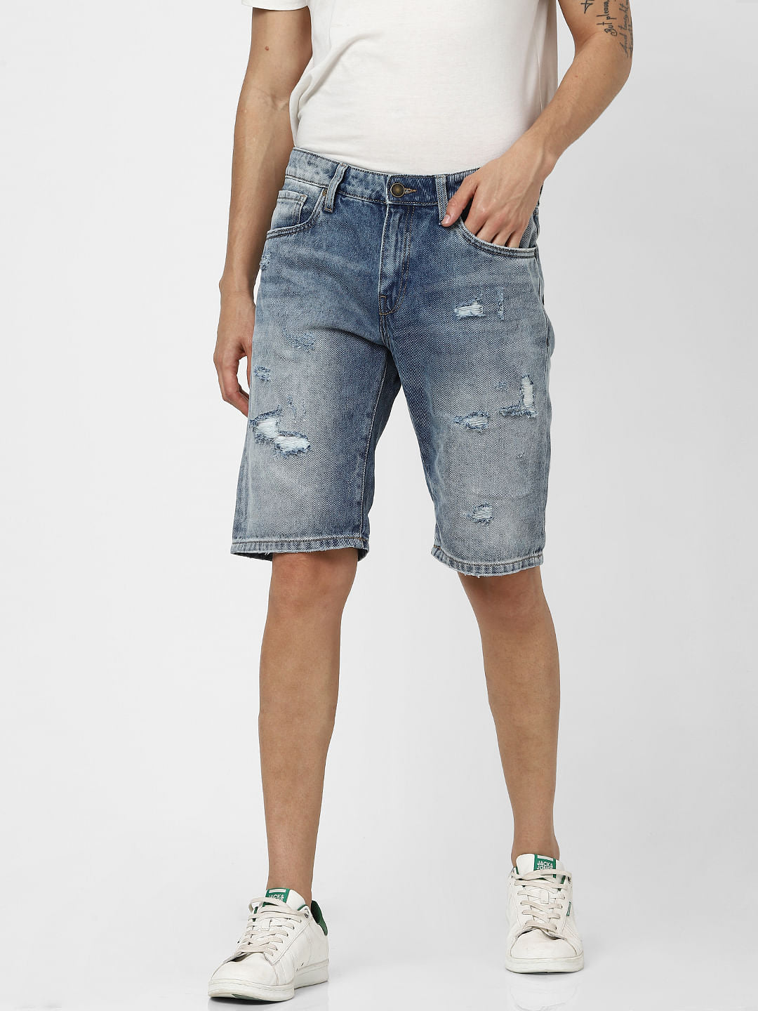 Blue Mid Rise Distressed Denim Shorts