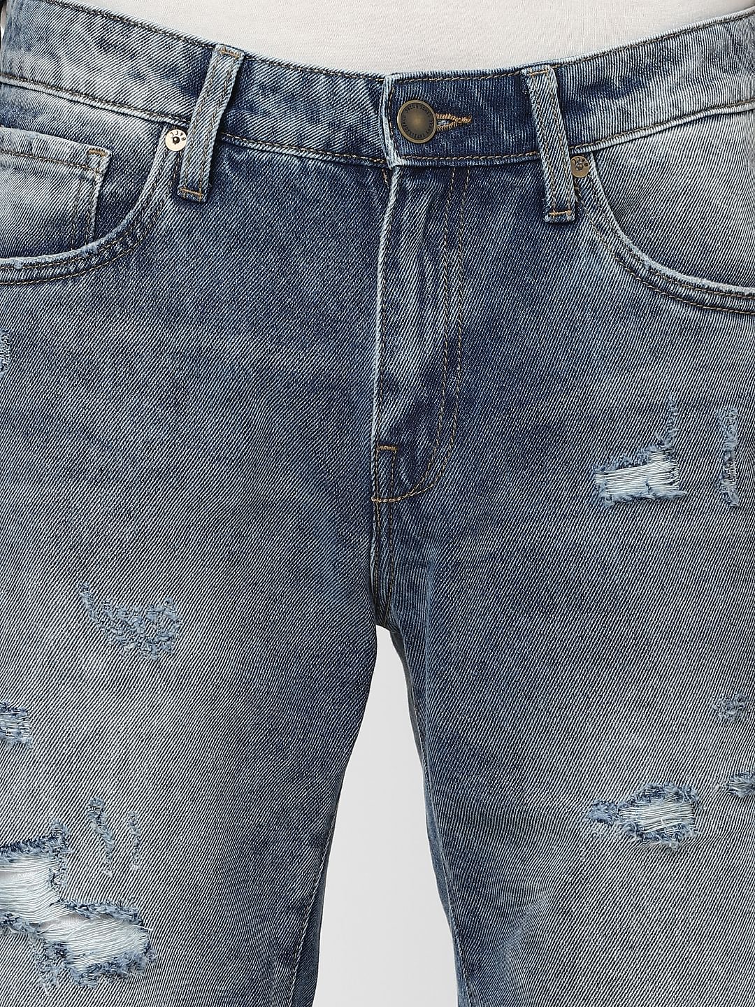 Blue Mid Rise Distressed Denim Shorts
