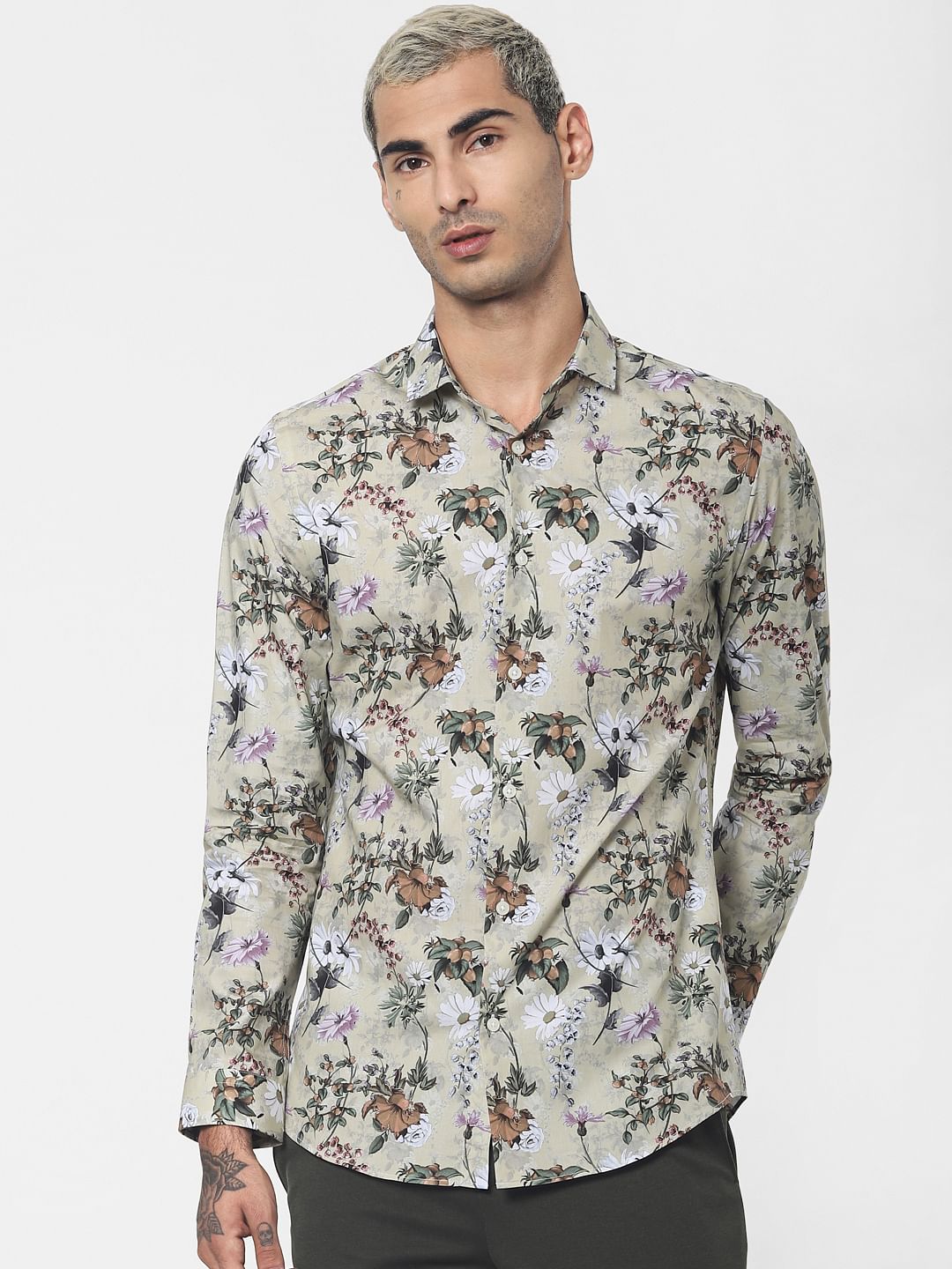 Green Floral Print Full Sleeves Shirt