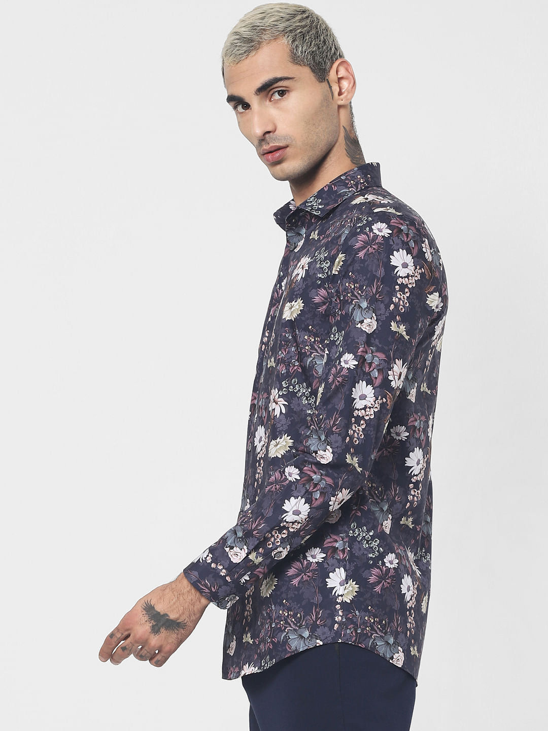 Navy Blue Floral Print Full Sleeves Shirt
