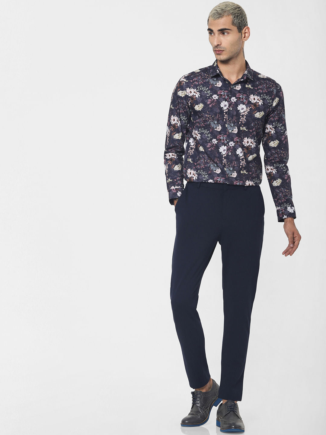 Navy Blue Floral Print Full Sleeves Shirt