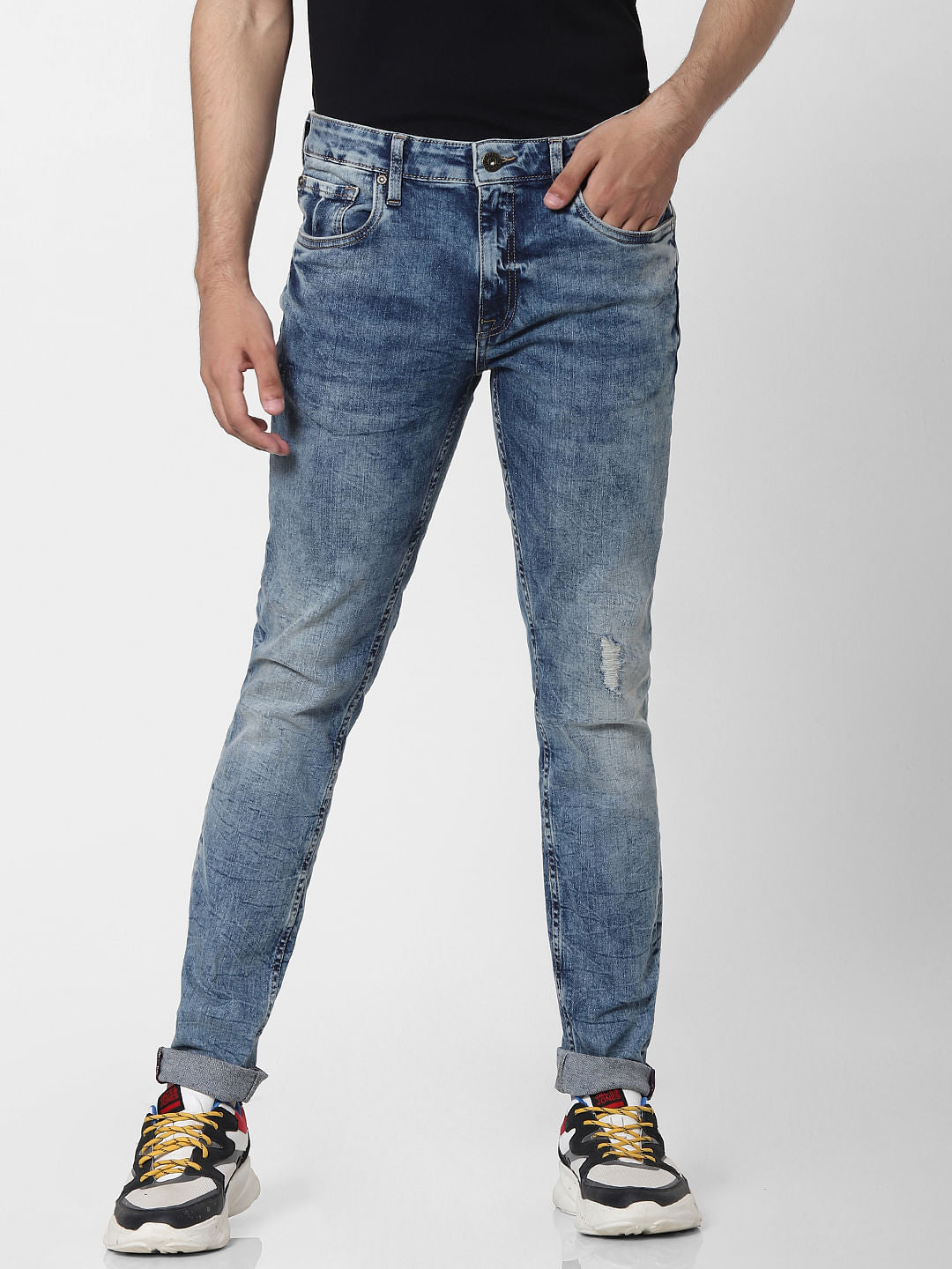 Blue Low Rise Glenn Distressed Slim Fit Jeans
