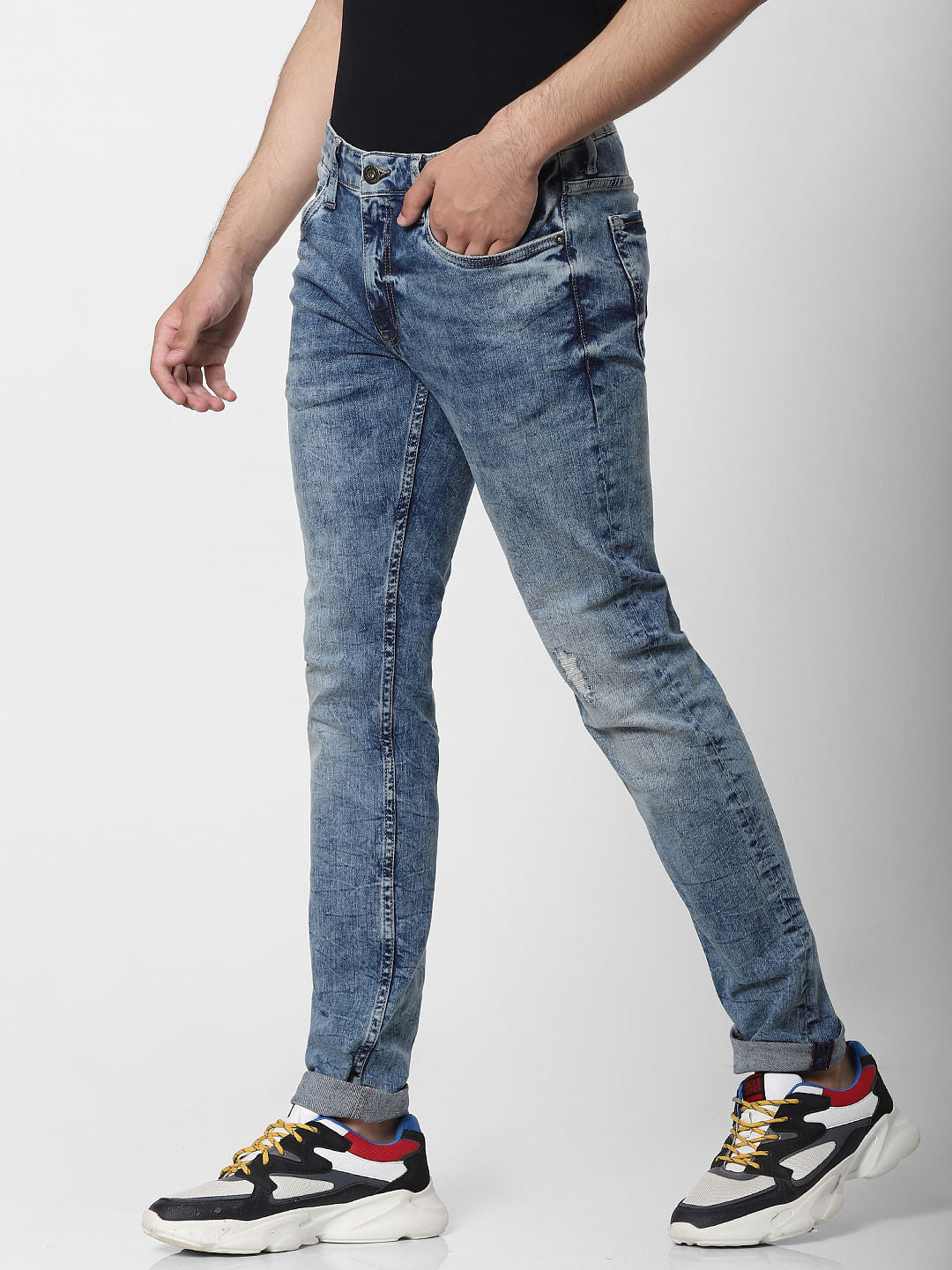Blue Low Rise Glenn Distressed Slim Fit Jeans