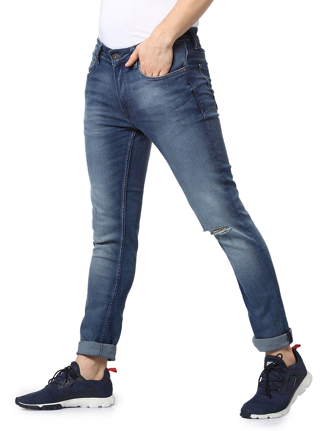 Blue Low Rise Ben Ripped Skinny Jeans