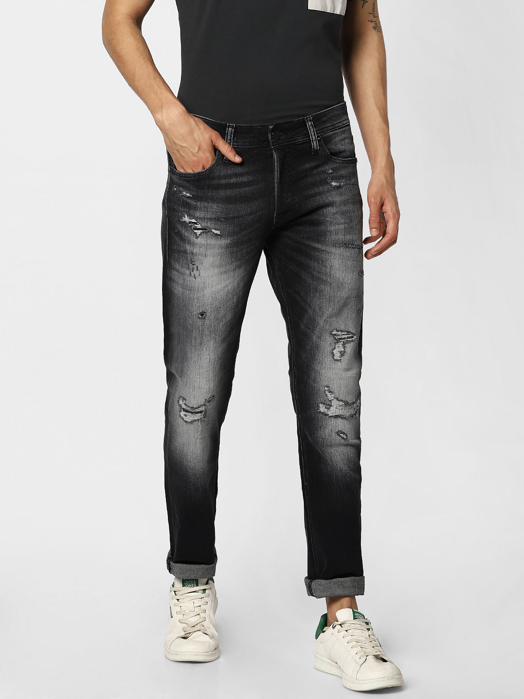 Dark Grey Low Rise Distressed Glenn Slim Jeans