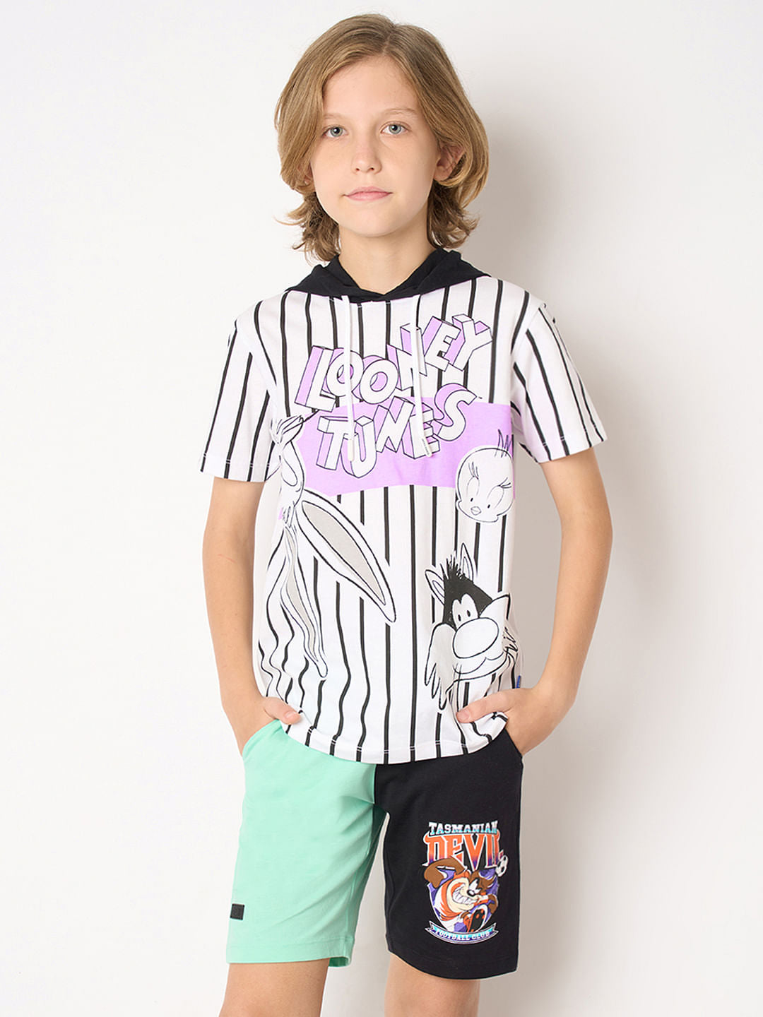 Looney Tunes White Striped Printed Hooded T-shirt
