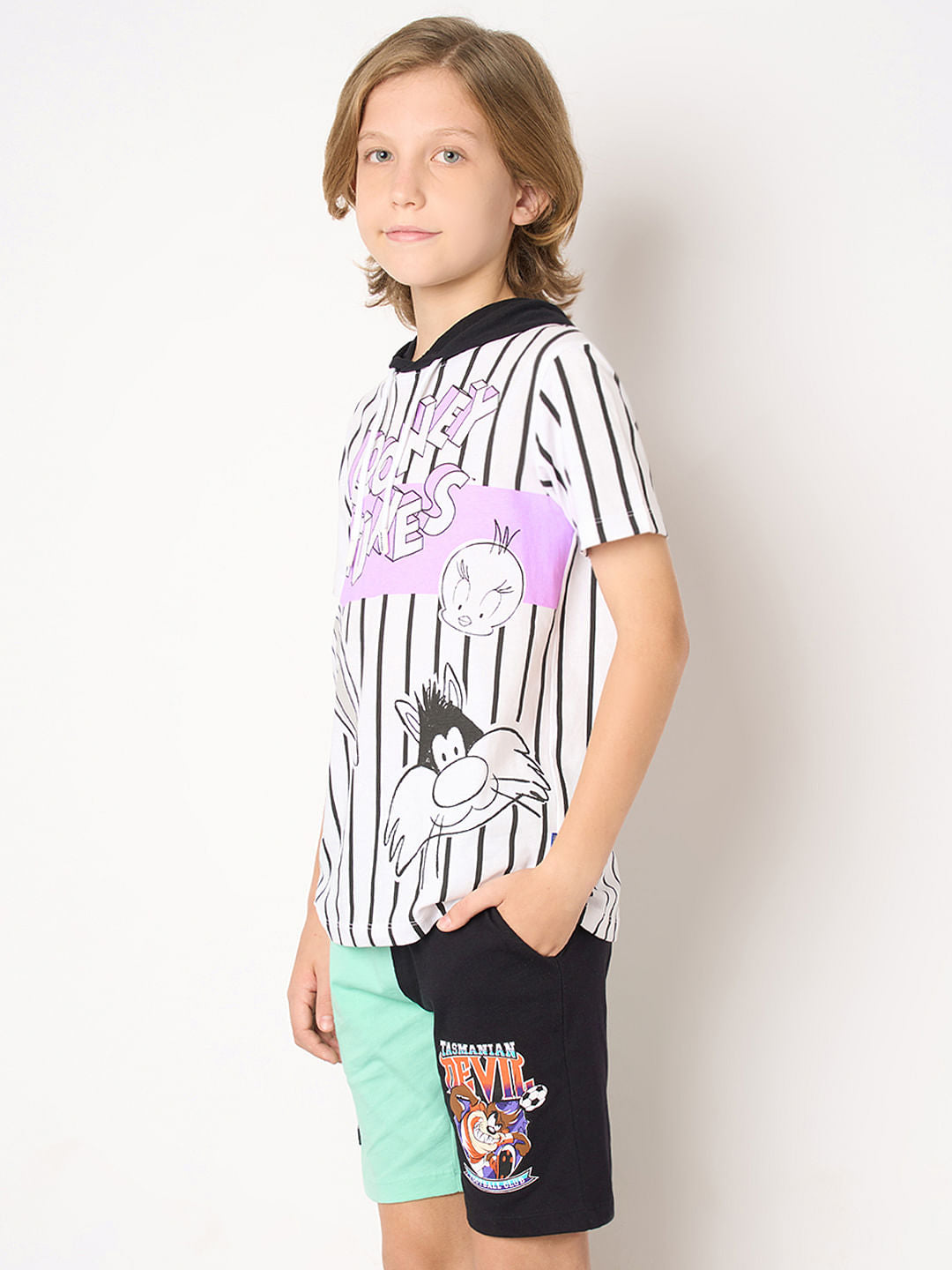 Looney Tunes White Striped Printed Hooded T-shirt