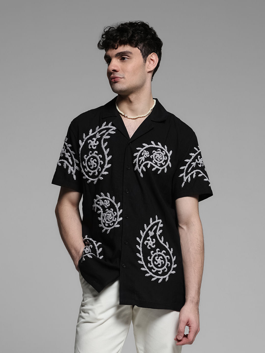 Black Embroidered Short Sleeves Shirt