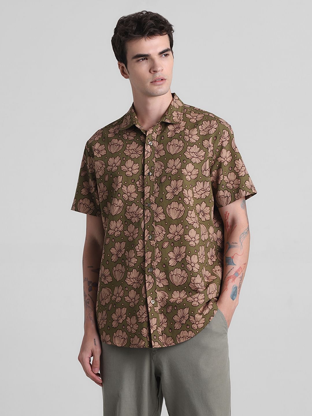 Green Floral Short Sleeves Shirt