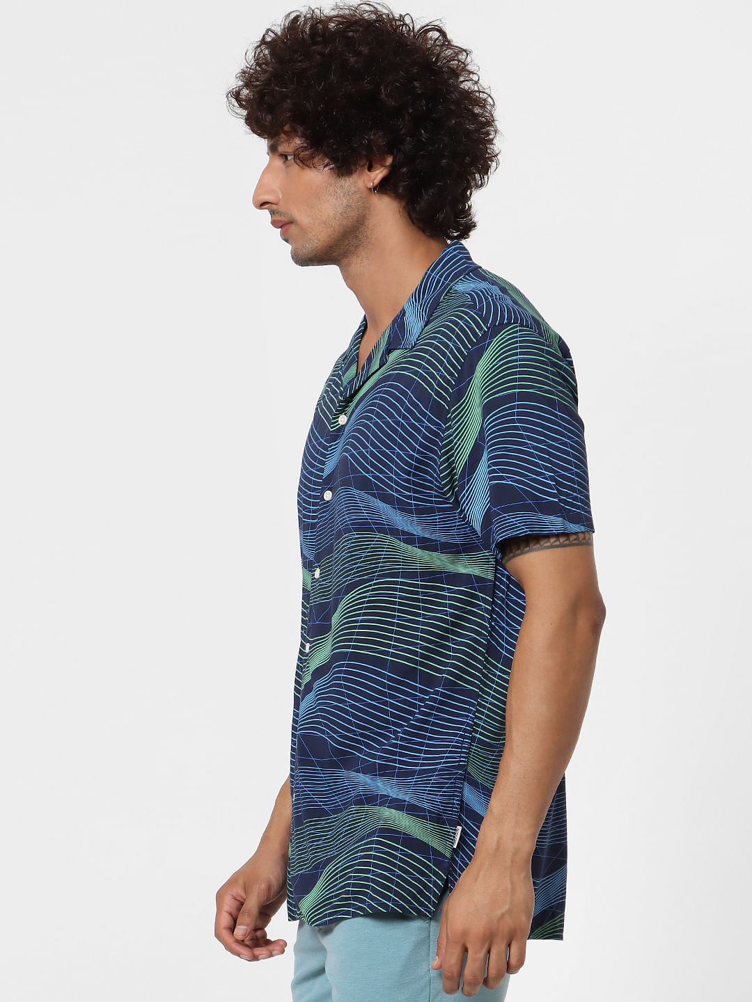 Blue Short Sleeves Abstract Print Shirt
