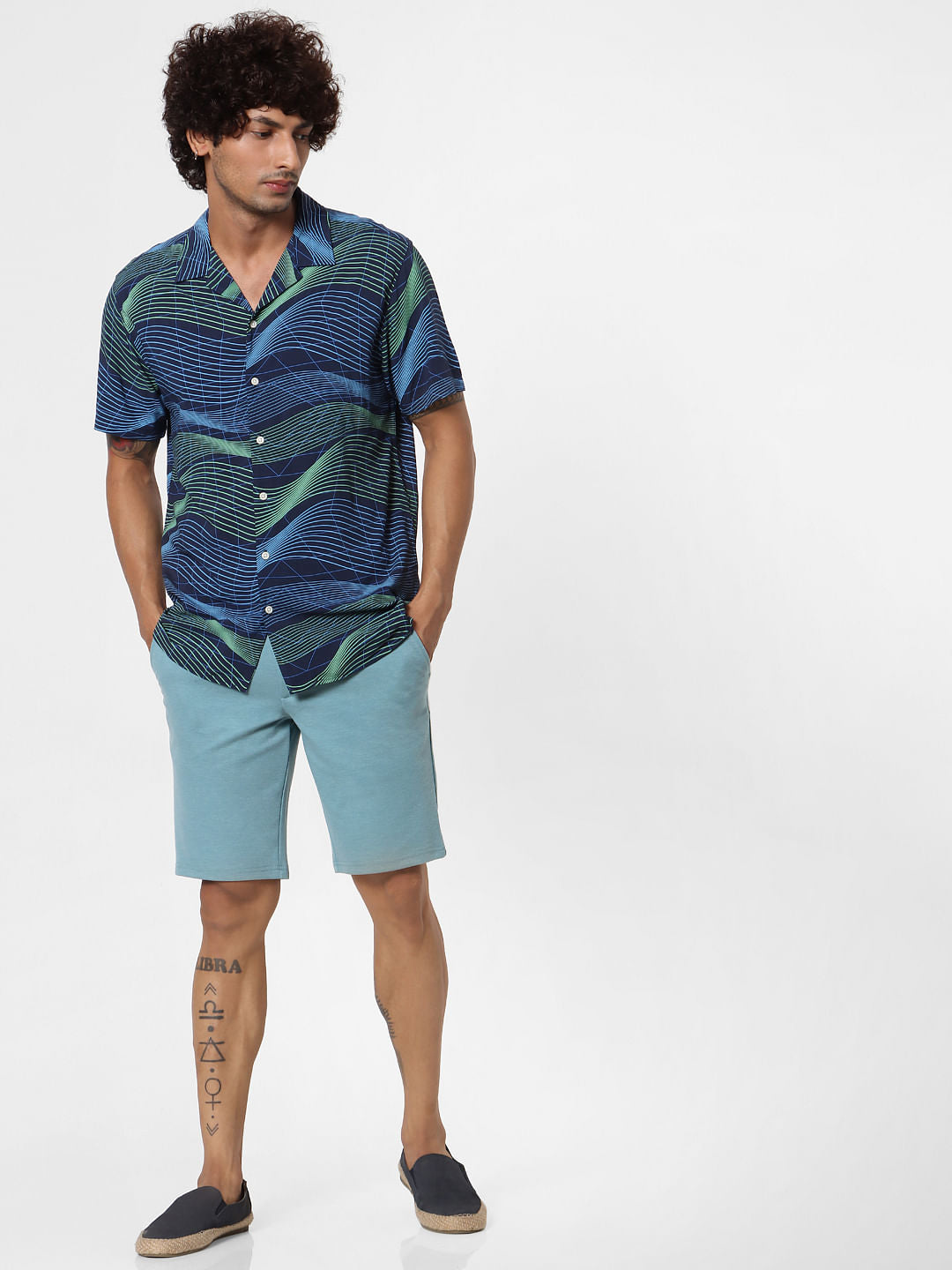 Blue Short Sleeves Abstract Print Shirt