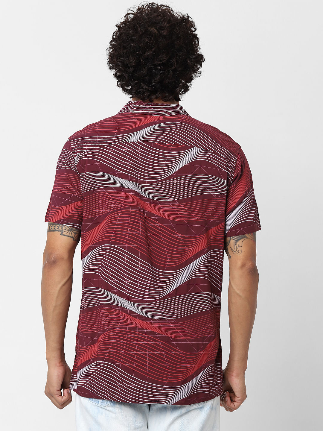 Red Short Sleeves Abstract Print Shirt