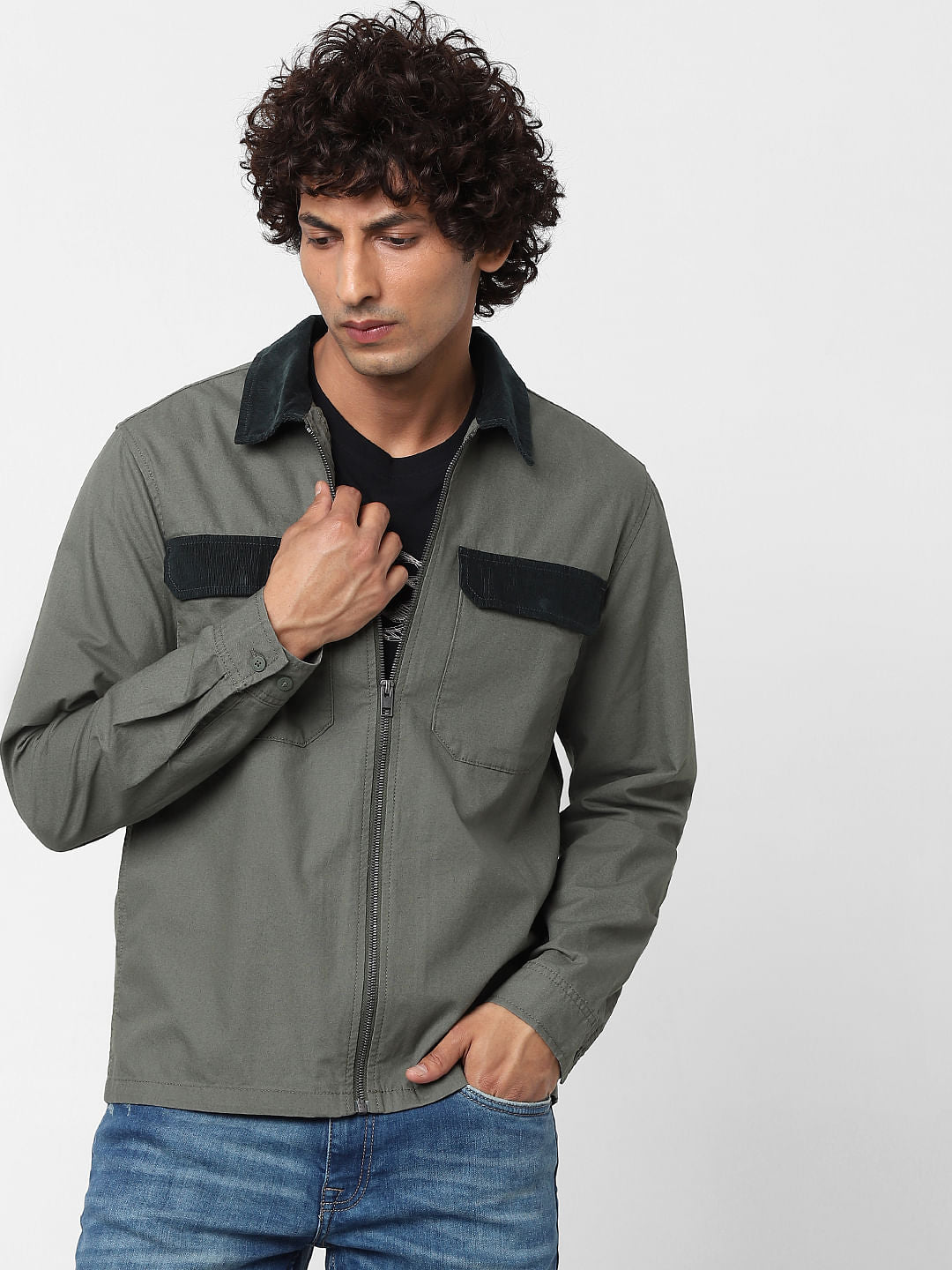 Green Full Sleeves Zip Up Overshirt