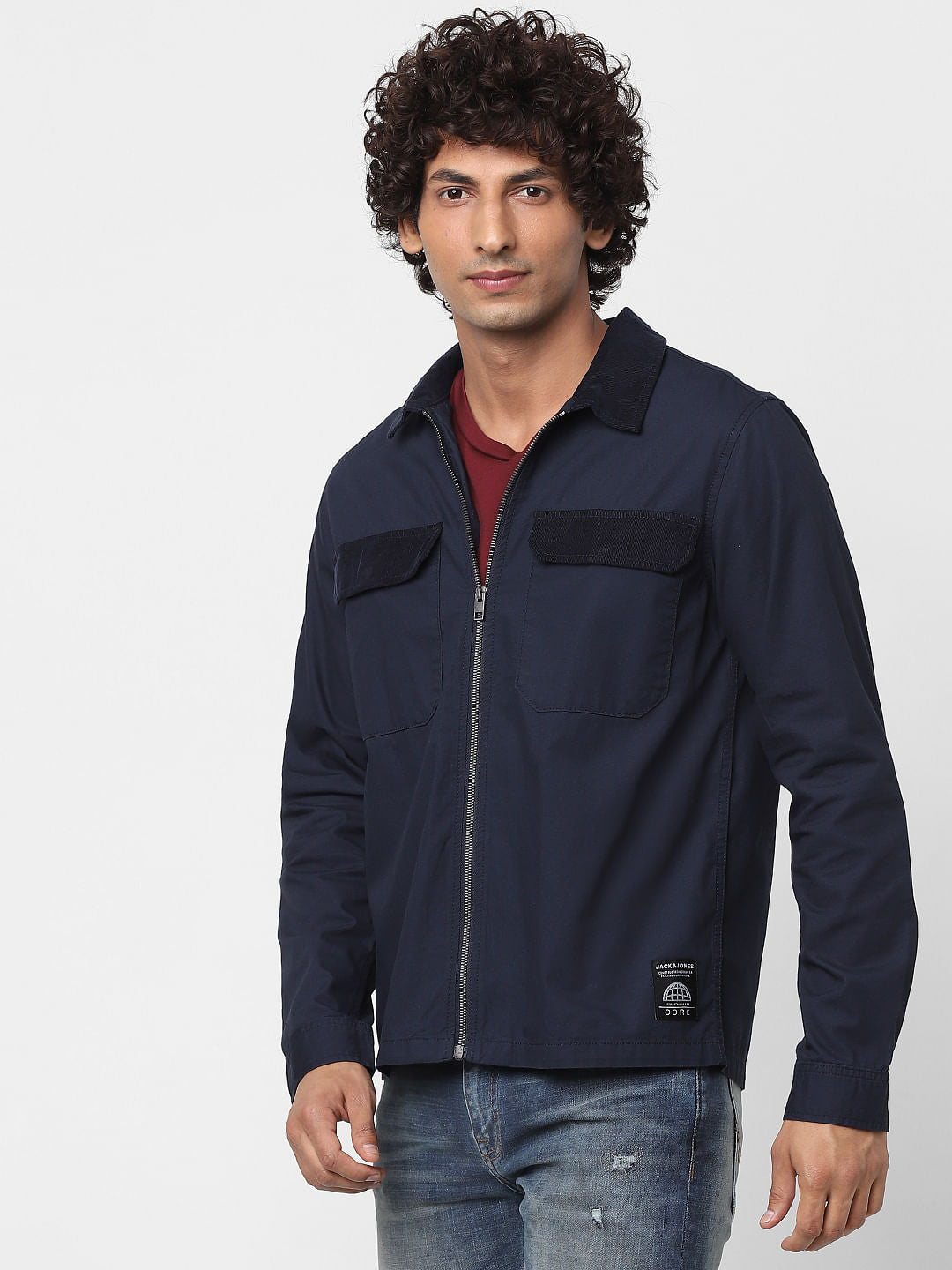 Blue Full Sleeves Zip Up Overshirt