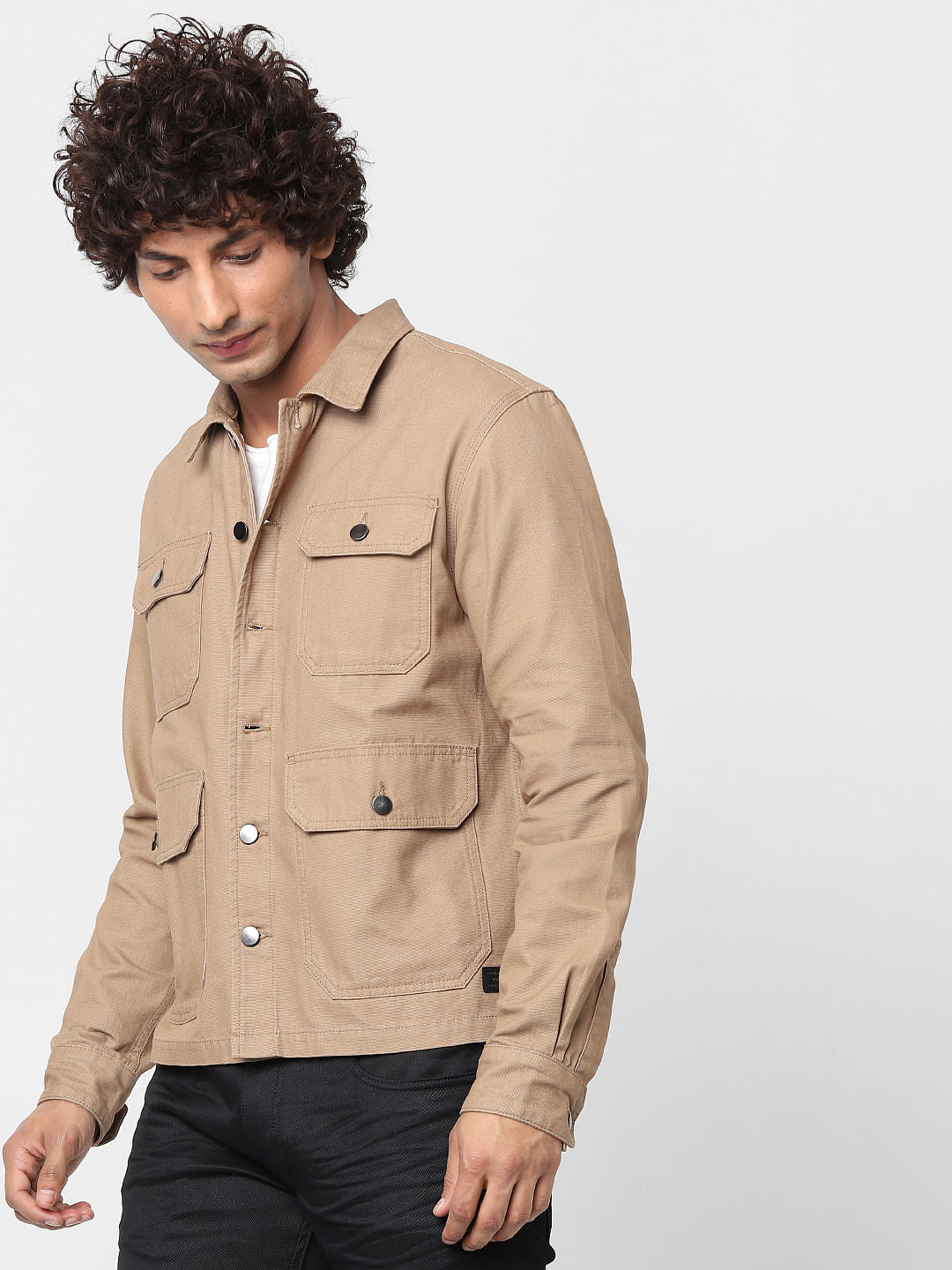 Beige Full Sleeves Multi Pocket Overshirt