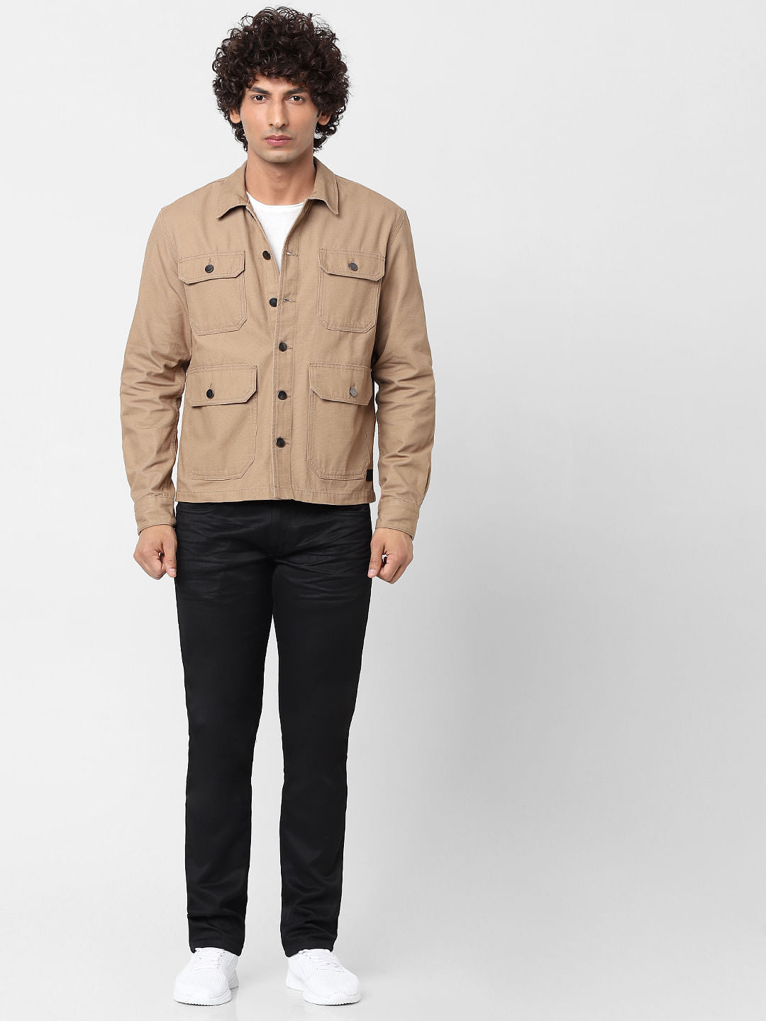 Beige Full Sleeves Multi Pocket Overshirt