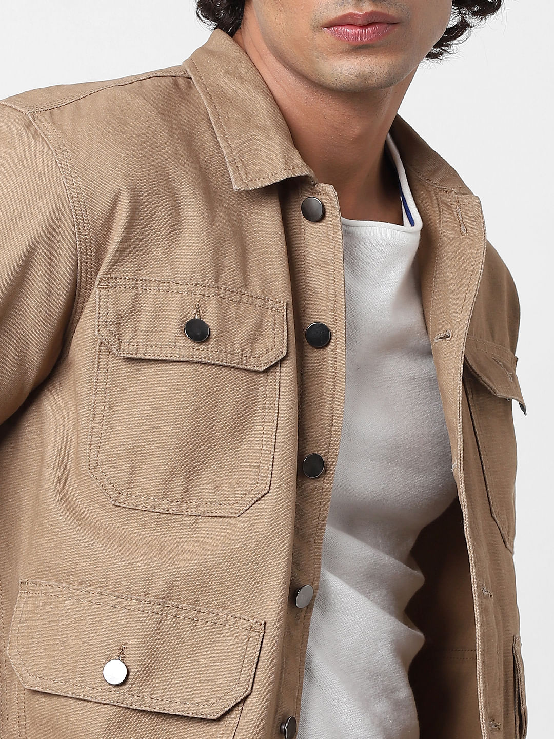 Beige Full Sleeves Multi Pocket Overshirt
