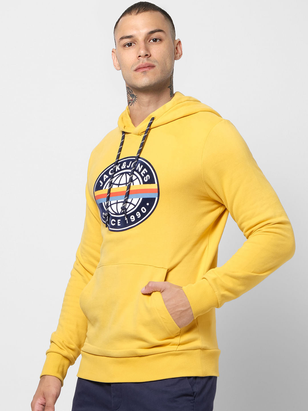 Yellow Logo Print Hooded Sweatshirt