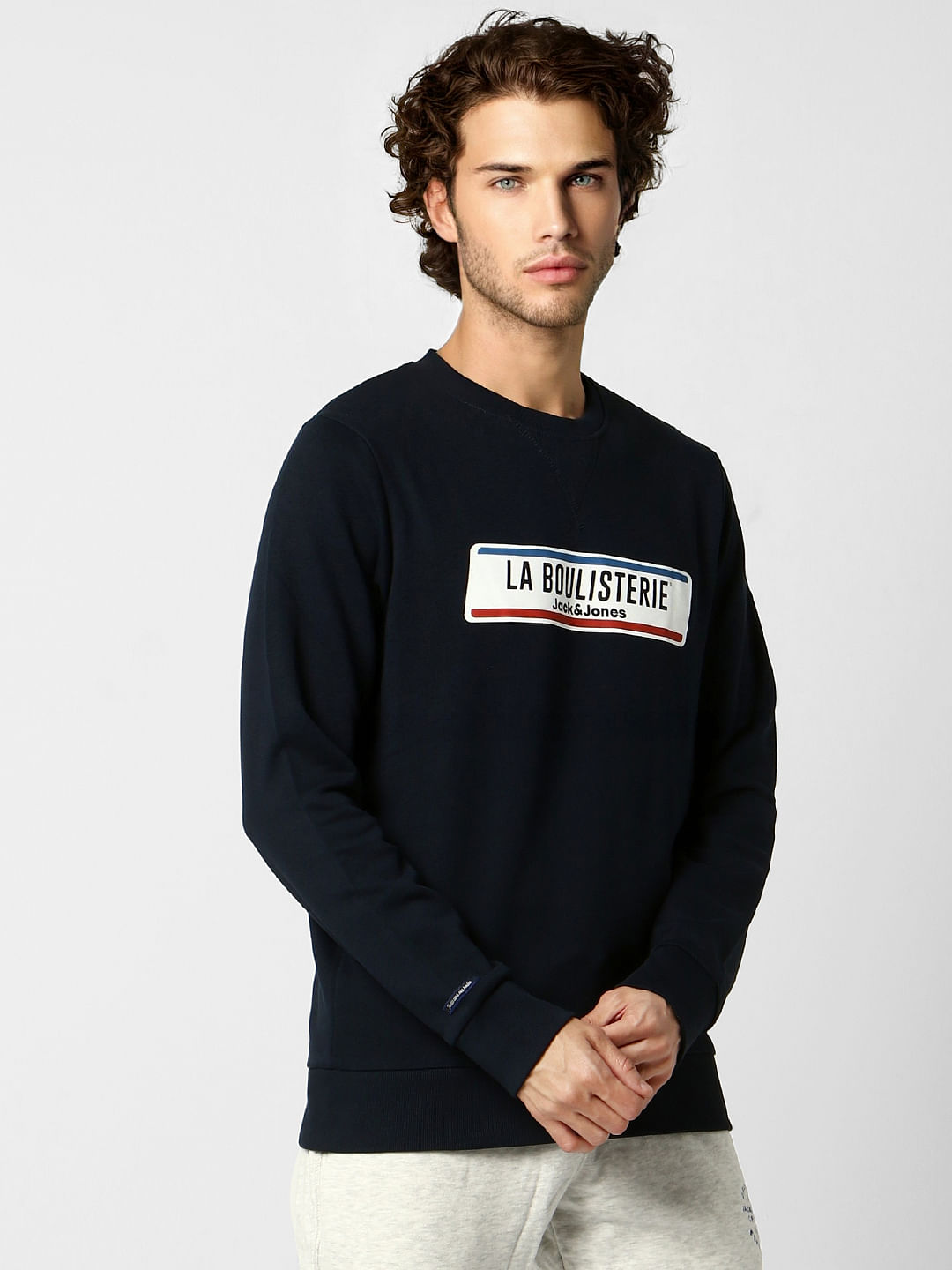 Navy Blue Text Print Sweatshirt