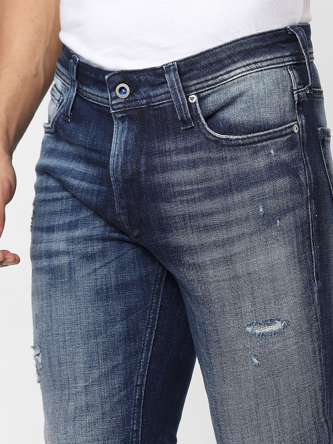 Dark Blue Low Rise Liam Skinny Fit Distressed Jeans