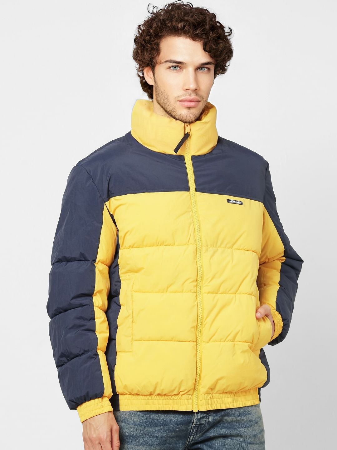 Yellow Colourblocked High Neck Puffer Jacket