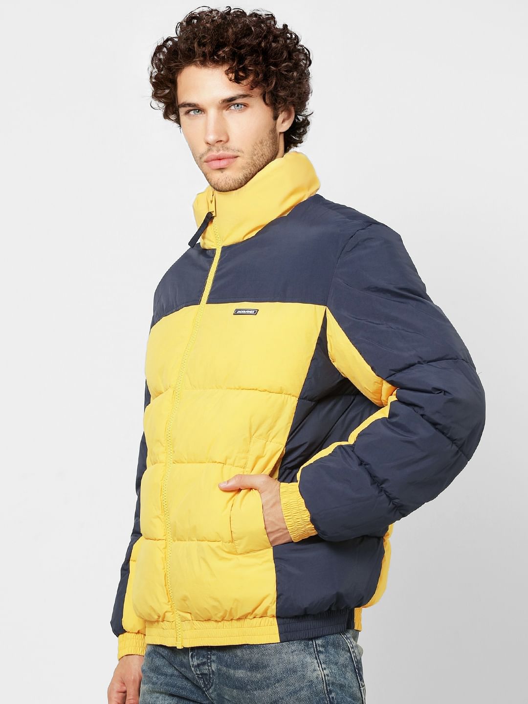 Yellow Colourblocked High Neck Puffer Jacket