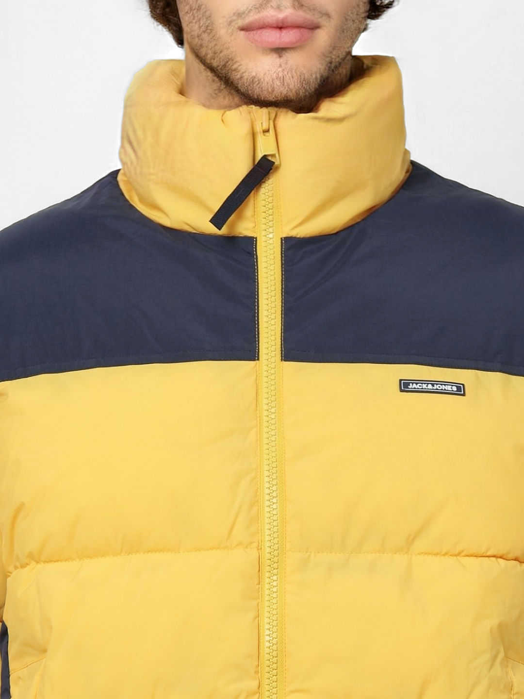Yellow Colourblocked High Neck Puffer Jacket