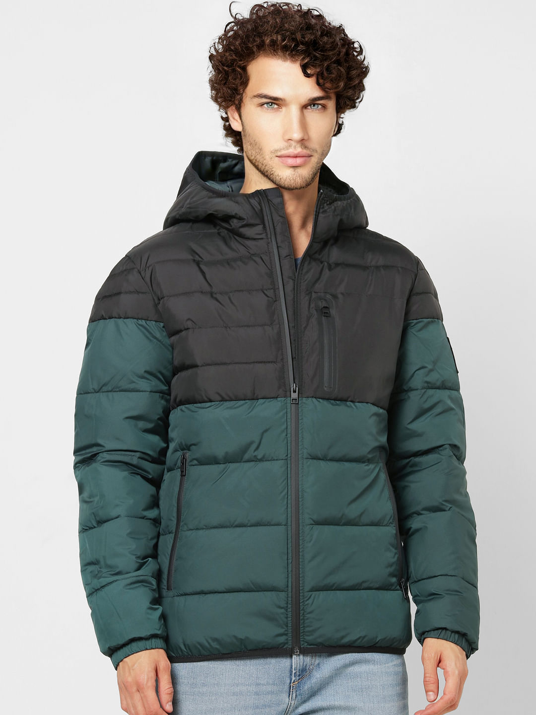 Green Colourblocked Hooded Puffer Jacket