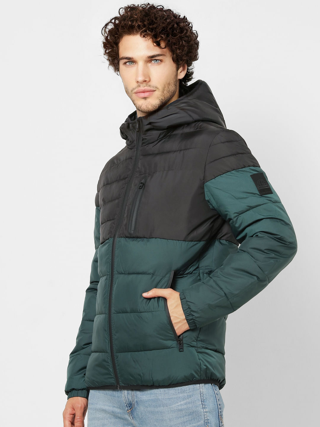 Green Colourblocked Hooded Puffer Jacket