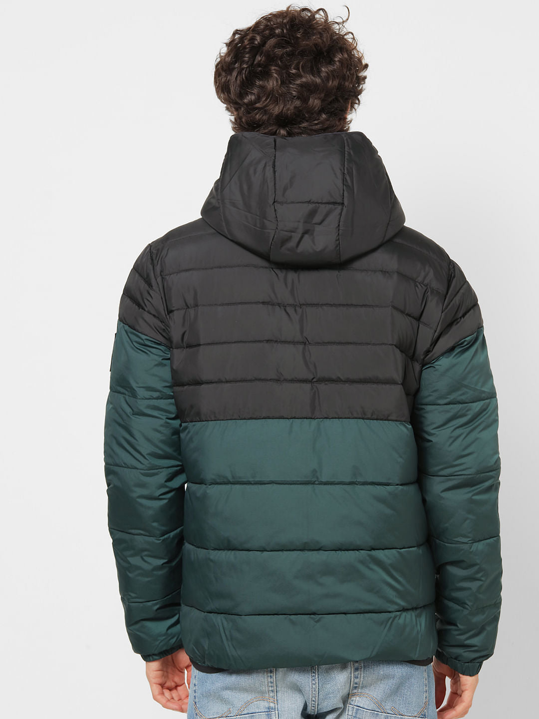 Green Colourblocked Hooded Puffer Jacket