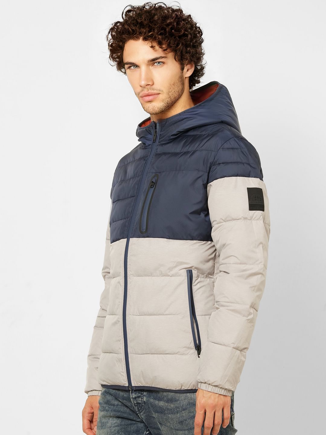 Grey Colourblocked Hooded Puffer Jacket