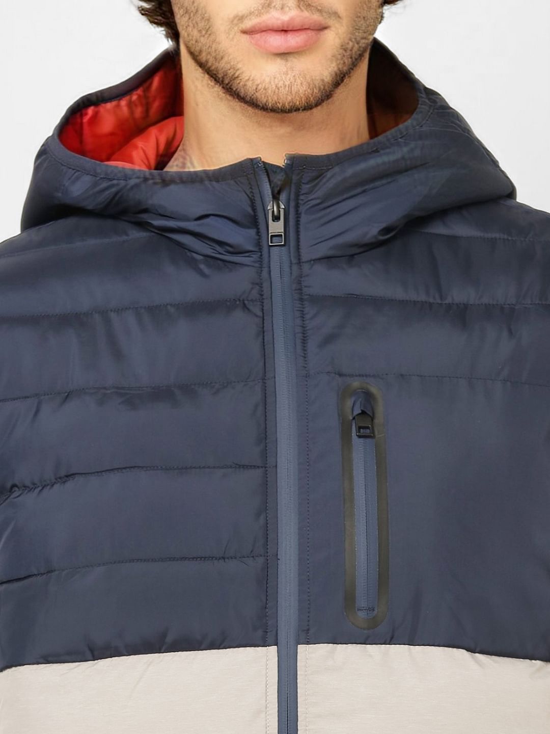 Grey Colourblocked Hooded Puffer Jacket