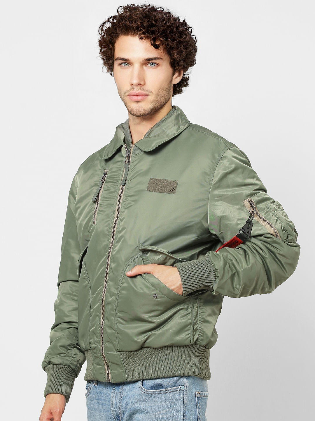 Green Zipped Pocket Bomber Jacket