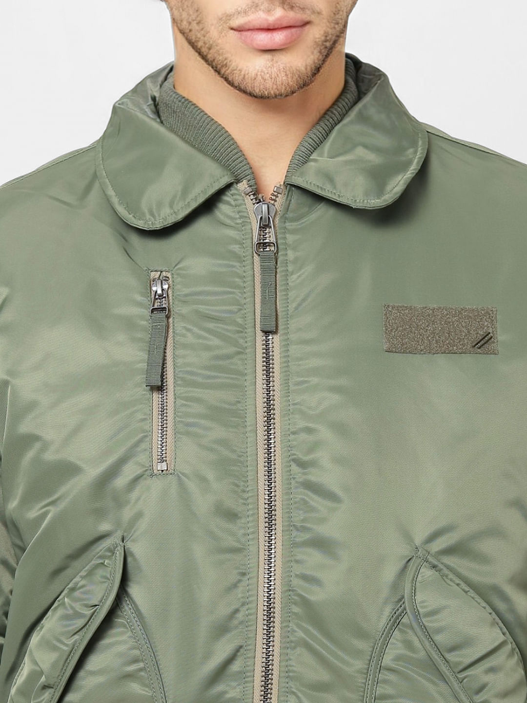 Green Zipped Pocket Bomber Jacket