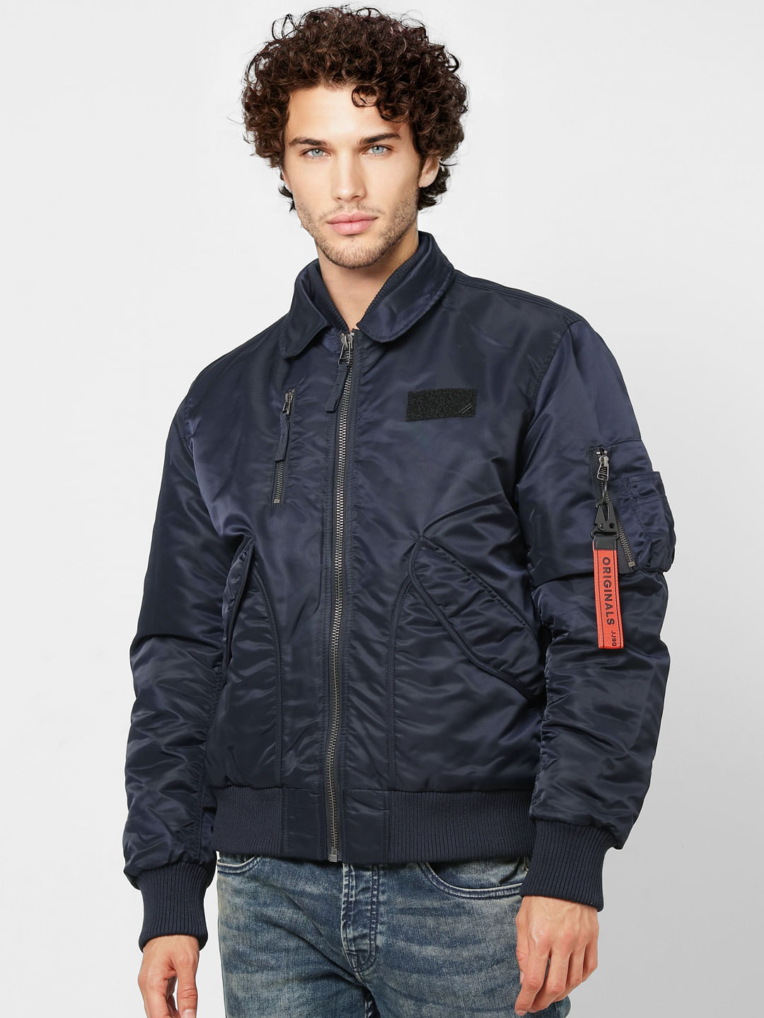 Navy Blue Zipped Pocket Bomber Jacket