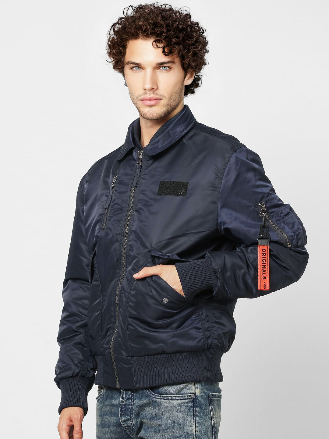 Navy Blue Zipped Pocket Bomber Jacket
