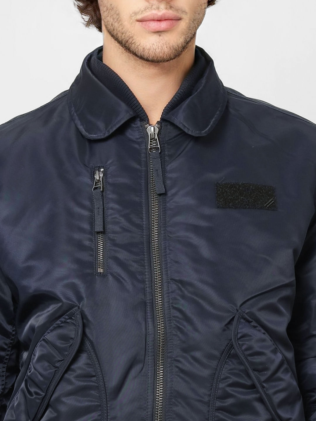 Navy Blue Zipped Pocket Bomber Jacket